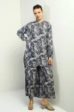 Women's Side Slit Tunic Shirt, Elastic Waist Pocketed Palazzo Pants, Leaf Pattern Oversize 2-Piece Set