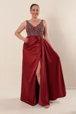 Plus Size Long Satin Dress with Tulle and Stone Embellishments and Lining