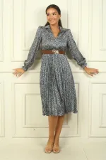 Kadın Beli Kemerli Astarlı Leopar Desenli Pileli Saten Elbise