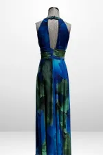 Kadın Önü Drapeli Astarlı Boncuk Detaylı Çiçekli Uzun  Şifon Elbise