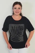 Women's Short Batwing Sleeve Plus Size Blouse with Stone Details and Rose Pattern, Lycra