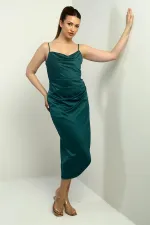 Robe midi asymétrique à bretelles, drapée et doublée pour femme