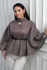 Kadın Tek Düğmeli Beli Kemerli Kaşe Panço