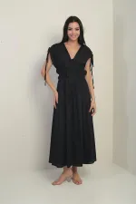 Robe longue pour femme à col en V devant et dos, manches froncées et broderies florales appliquées