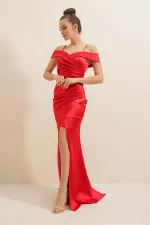 Boat Neck Pleated Skirt Lined Satin Long Dress