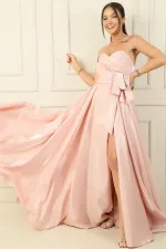 Front Draped, Pocketed, Lined Organza Satin Strapless Long Evening Dress
