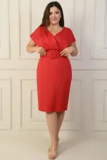 Front Back V Neck Waist Belted Lined Plus Size Dress