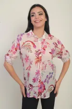 Kadın Çiçek Desenli Kol Katlamalı Gömlek