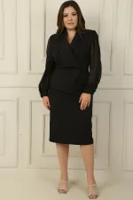 Kadın Kruvaze Yaka Kollar Şifon Boncuk Detaylı Büyük Beden Elbise