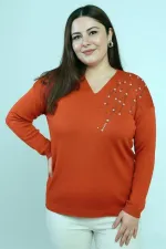 Chemisier en maille à pierres, col en V, grandes tailles pour femme