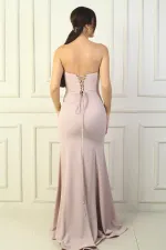 Kadın Straplez Arkası Bağcıklı Astarlı Balenli Uzun Balık Abiye Elbise