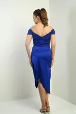 Women's Madonna Neckline Draped Asymmetrical Satin Short Dress