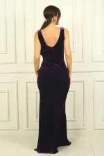 Kadın Ön Arka V Yaka Önü Büzgülü Taş Detaylı Uzun Kadife Elbise