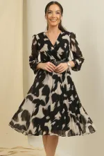Double-Breasted, Lined, Waist Belted, Pleated Patterned Chiffon Dress