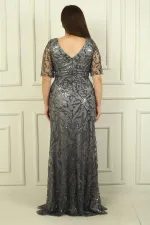 Kadın Ön Arka V Yaka Boncuk-Pul İşlemeli Astarlı Büyük Beden Elbise