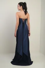 Robe longue évasée sans bretelles en taffetas pour femme avec double épissure de pierre