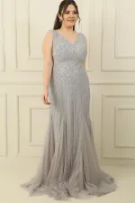 Front and Back V-Neck Stone Embellished Back Tie Lined Plus Size Long Dress