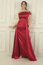 Kadın Madonna Yaka Önü Büzgülü Astarlı Pelerinli Saten Uzun Elbise