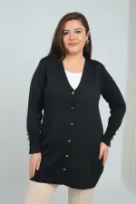 Kadın Kolları Düğme Detaylı Soğuk İplik Büyük Beden Uzun Hırka