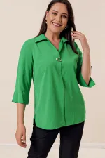 Polo Collar Quarter Sleeve Plus Size Blouse