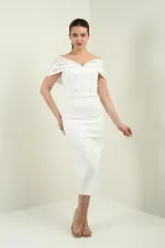 Women's Taffeta Madonna Collar Front Pearl Detailed Lined Evening Dress