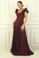 Düşük Volan Kol Drapeli Astarlı Simli Uzun Elbise