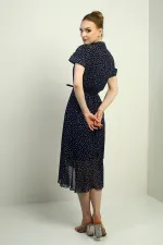 Women's Wrap Neckline Lined Chiffon Dress with Crisp Pattern and Ruffled Front