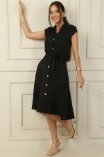 Button-front, belted, pocketed linen-effect dress.