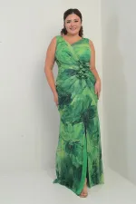 Women's Front and Back V-Neck Lined Draped Front 3D Floral Pattern Plus Size Tulle Long Dress