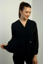 Kadın Kruvaze Yaka Şifon Kollu Çiçek Detaylı Likralı Bluz