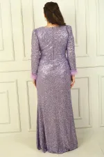 Robe pour femme à col en V froncé sur le devant et manches à plumes, taille B.