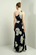 Kadın Tek Omuz Yandan Pencereli Büyük Yaprak Desenli Uzun Krep Saten Elbise