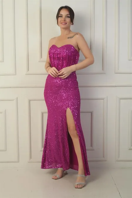 Robe longue à sequins fendue, doublée, sans bretelles, à armatures et laçage au dos