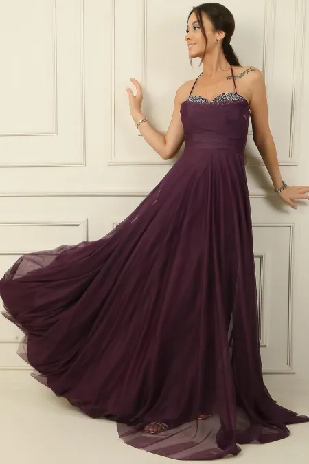 Önü Drapeli Taş Detaylı Astarlı Uzun Tül Abiye Elbise