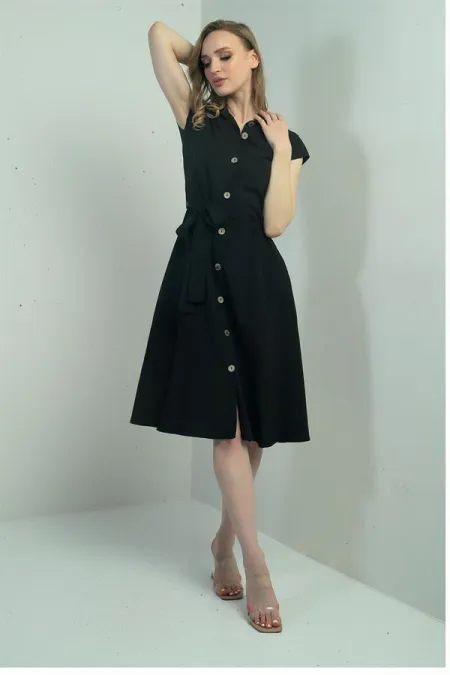 Women's Button-Front Belted Shirt Collar Short-Sleeve Dress