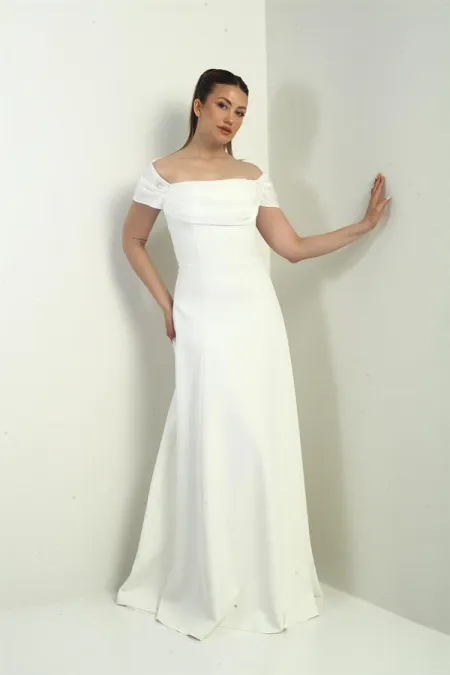 Straplez Kloş Telalı Astarlı Uzun Krep Abiye Elbise