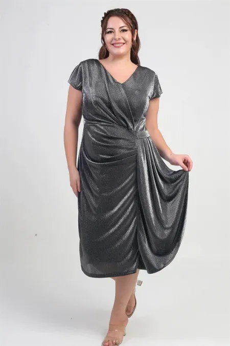 Women's Front Back V Neck Waist Stone Detail Lined Glittery Sandy Fabric Plus Size Midi Dress