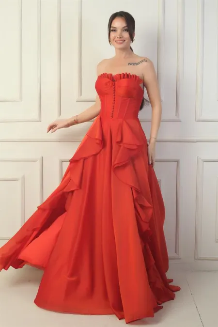 Robe de soirée longue pour femme, sans bretelles, boutonnée sur le devant, lacée au dos, avec jupe à volants