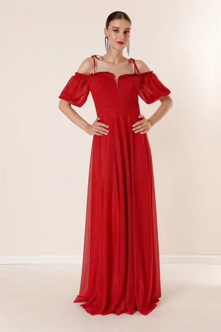 Long Dress with Pleated Neckline, Balloon Sleeves, Lined, and Glittery Embellishments.