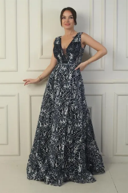 Robe de soirée longue pour femme, décolleté en V devant et dos, pli poitrine, laçage au dos, doublée, imprimé floqué pailleté