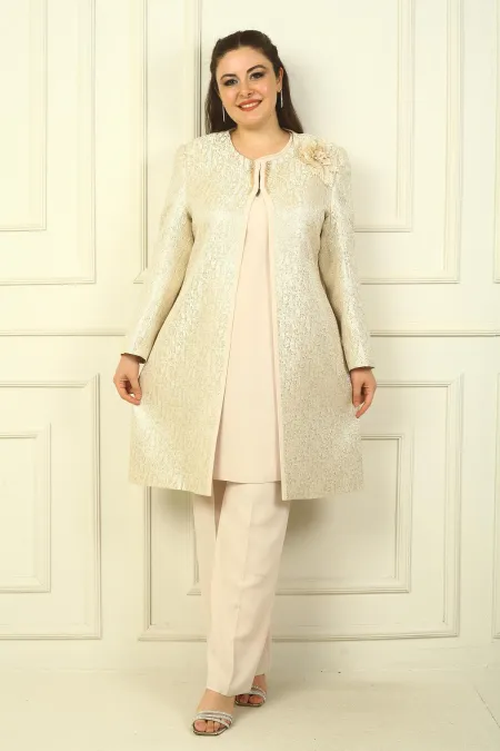 Chemisier sans manches fendu sur le côté, veste longue en jacquard avec détails perlés et pantalon, ensemble 3 pièces grande taille