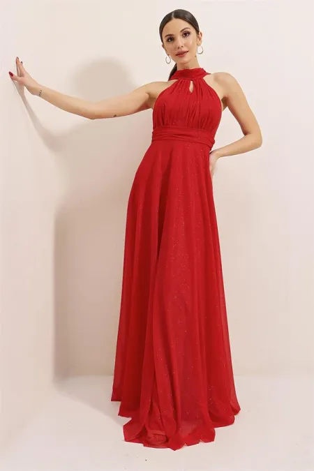 Boyundan Bağlamalı Astarlı Simli Uzun Elbise