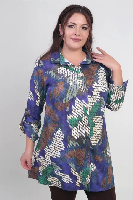 Chemise longue en crêpe satinée à motif batik pour femme grande taille