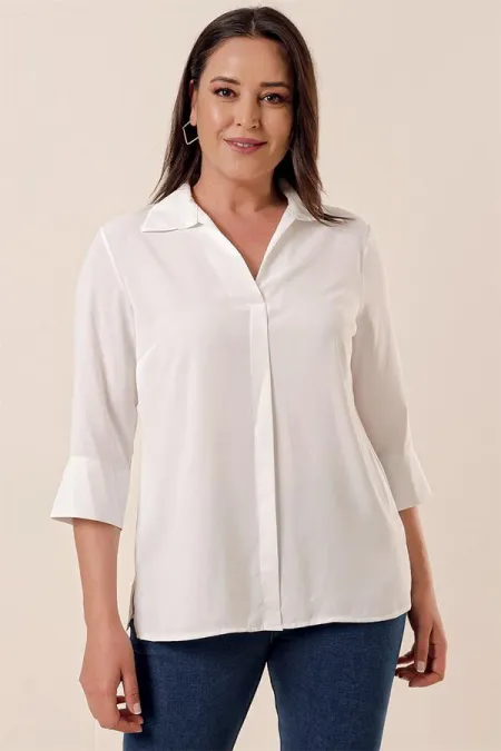 Polo Collar Quarter Sleeve Plus Size Blouse