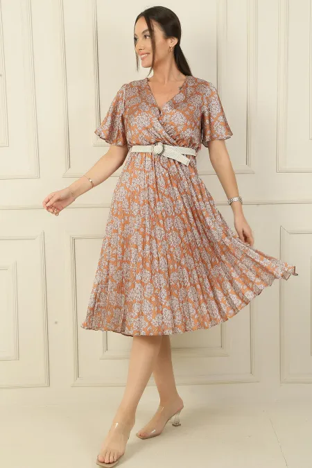Double-breasted Collar, Slit, Flounce Sleeve, Lined, Belted Waist, Pleated Floral Satin Dress