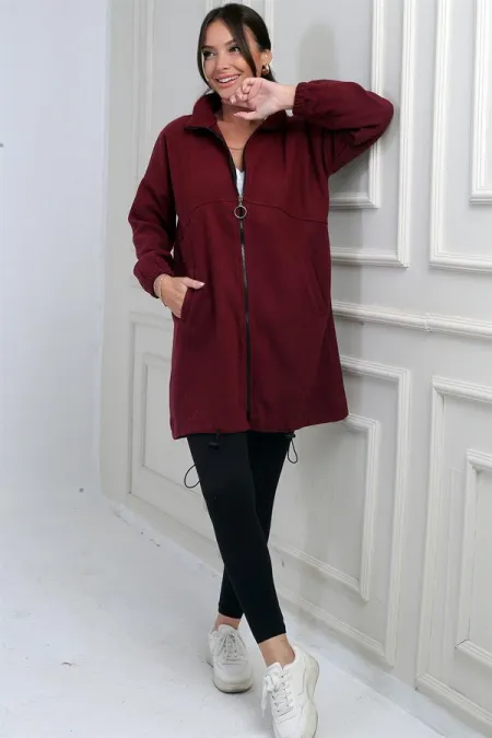 Manteau long en cachemire pour femme avec fermeture éclair sur le devant et poches élastiquées