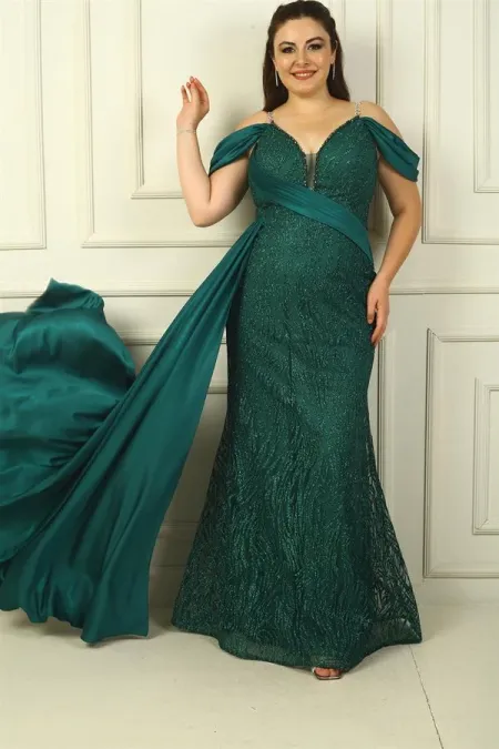 Chain Strap Front and Back V-Neck Dropped Sleeves Glitter Flock Print Lined Long Mermaid Dress