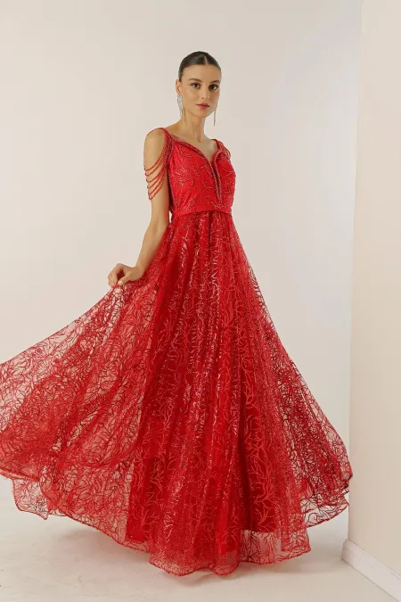 Boncuk Detaylı Astarlı Sim Flok Baskılı Uzun Elbise