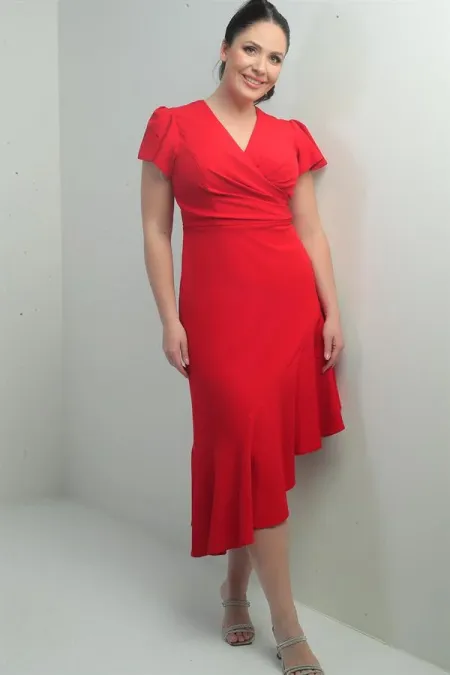 Robe en crêpe grande taille pour femme, décolleté cache-cœur, jupe à volants doublée et drapée sur le devant