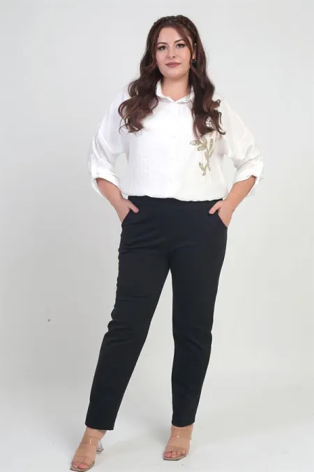 Pantalon grande taille pour femme, taille élastique, poches latérales, entièrement en Lycra, jambes renforcées, coupe classique, grandes tailles
